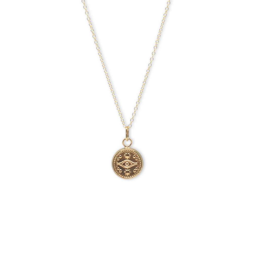 Gold round evil eye pendant necklace