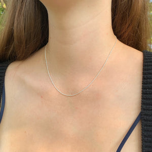 a model wearing the silver rolo chain